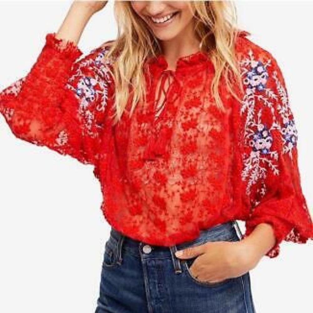 Free People Embroidered Blouse Red Size S. $128